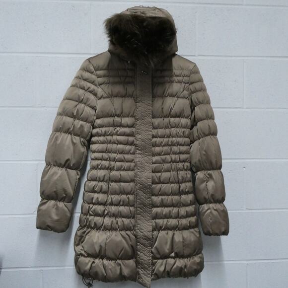 Chiara and Sara women's small tan long puffy jacket removable fur on hood trim - Picture 1 of 11